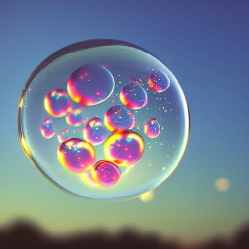Hyperrealistic Bubbles Floating into Sunset Atmosphere