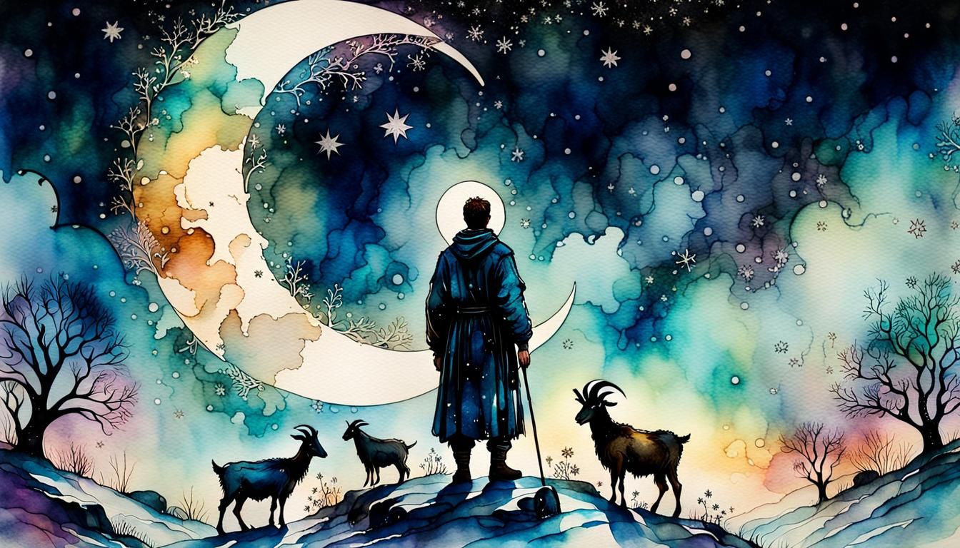 Man with Goats Under Ancient New Moon