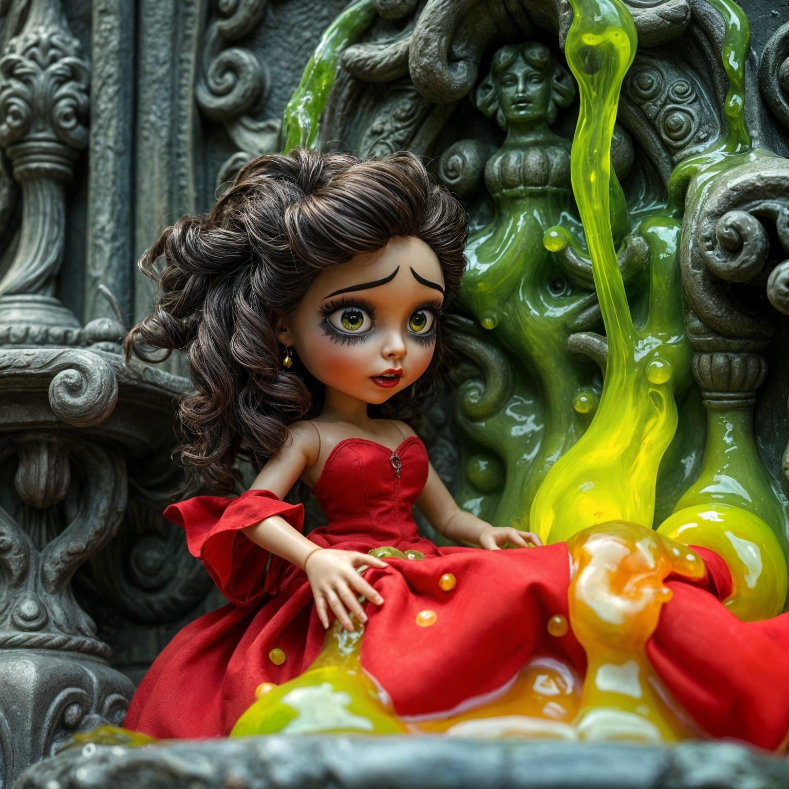 Doll in Green Slime: Gothic Cartoon Thrashing