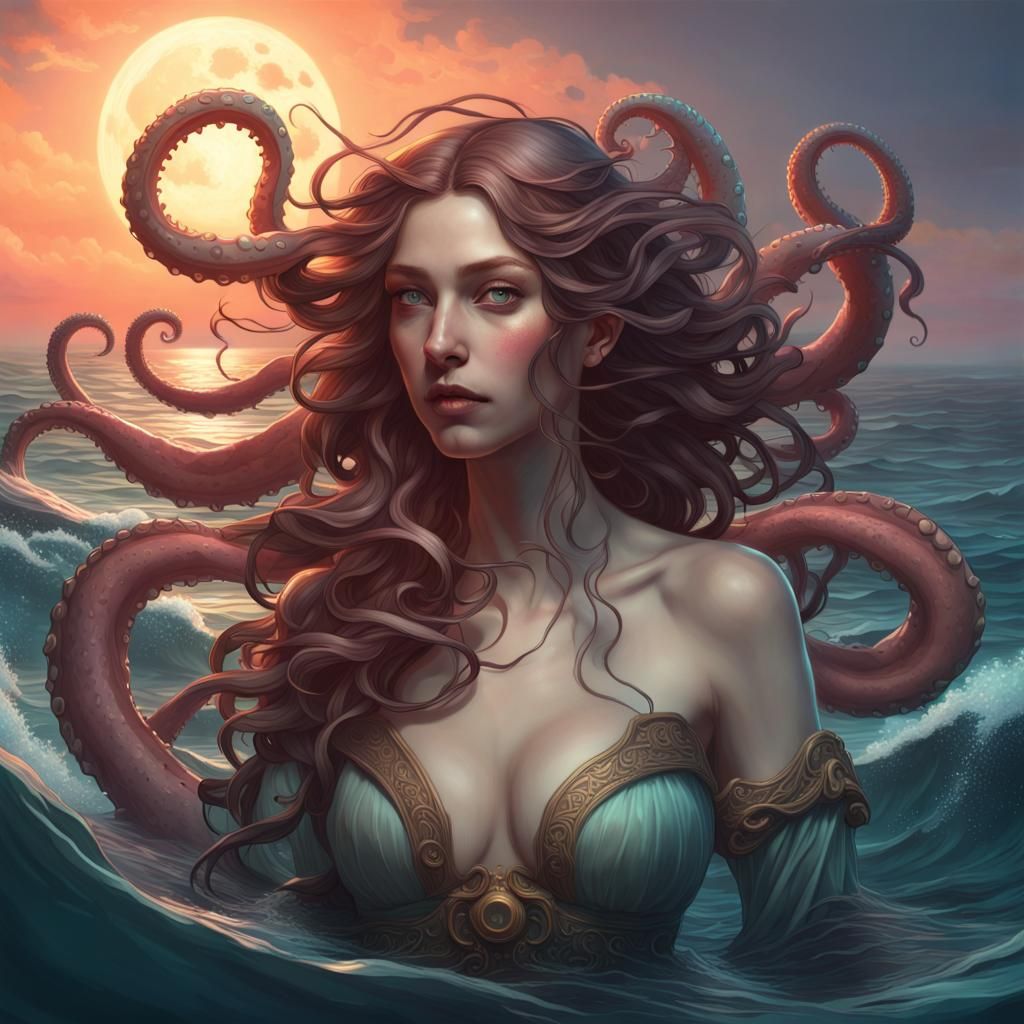 Kraken Girl Floating on Ocean in Pre-Raphaelite Style