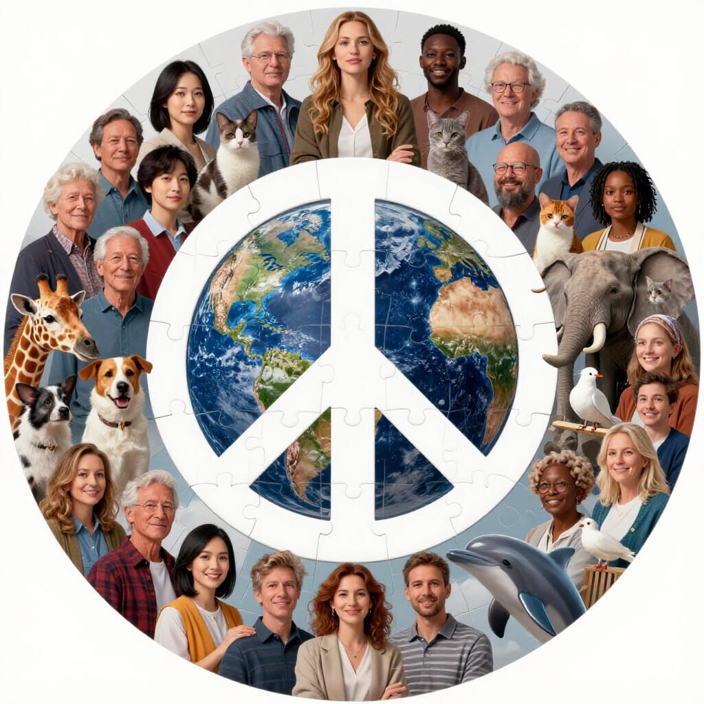 Global Unity Puzzle with Diverse People, Animals, and Earth