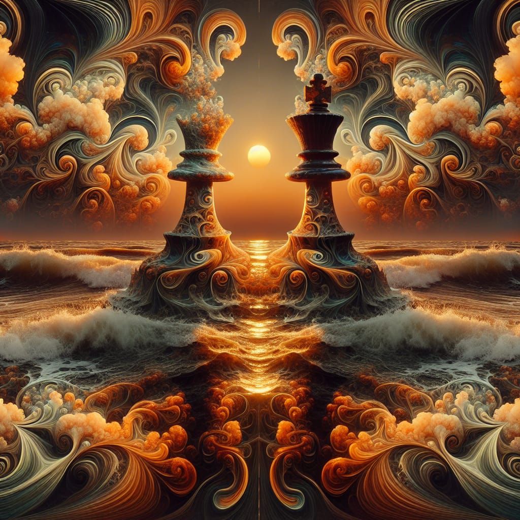 Surreal Chess Queen at Water's Edge in 80s Style