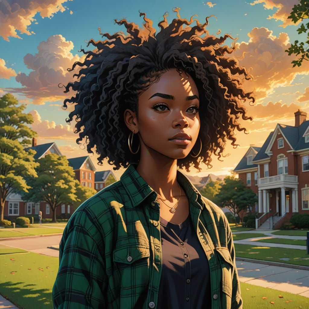 African American College Girl in Confident Manga Style