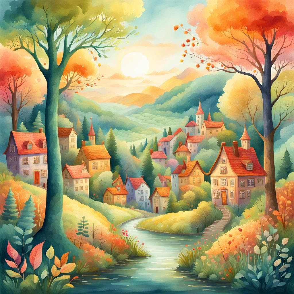 Naive Art Townscape in Whimsical Forest