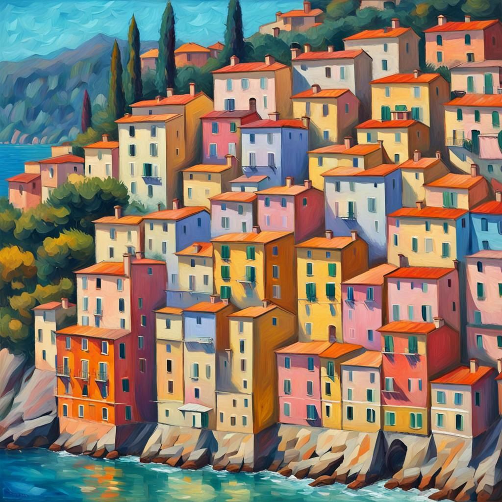 Ligurian Houses: Expressionist Oil Painting with Impasto