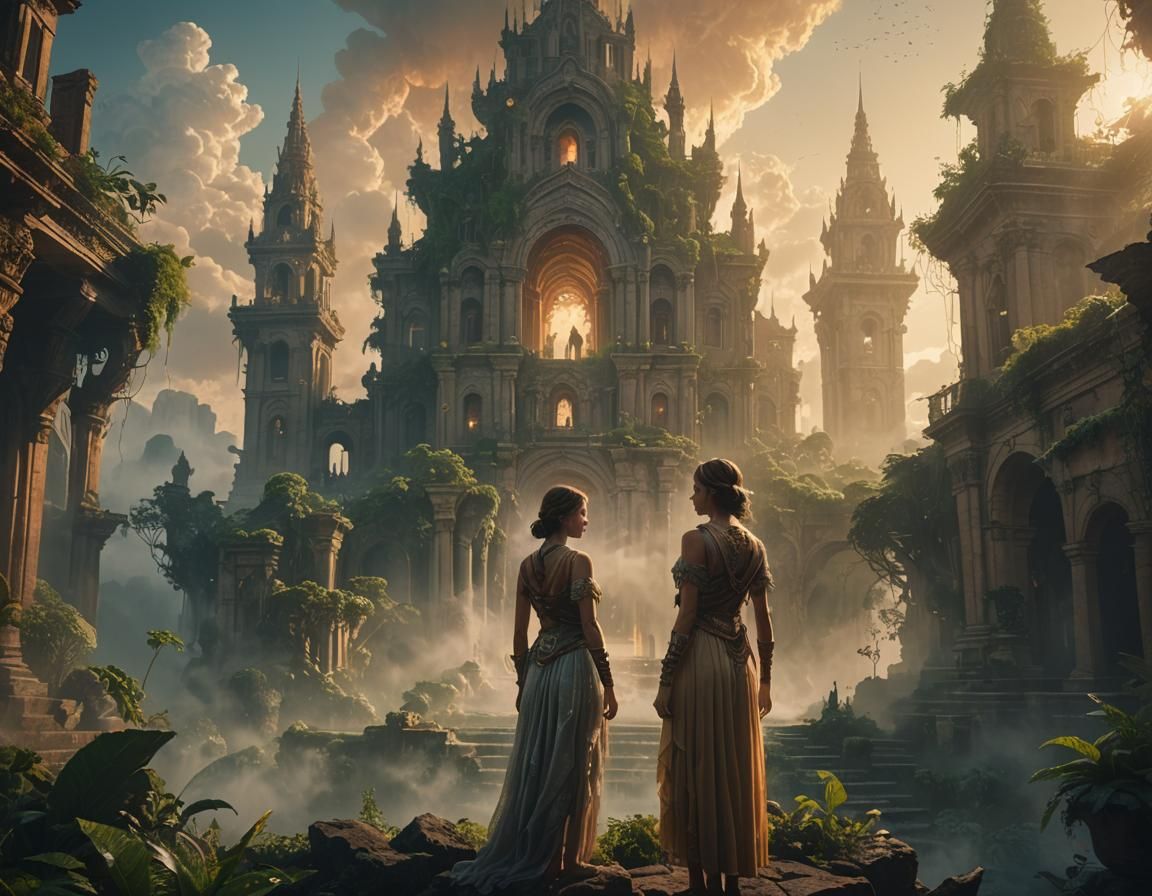 Mystical Woman in Mist-Shrouded City, Digital Art