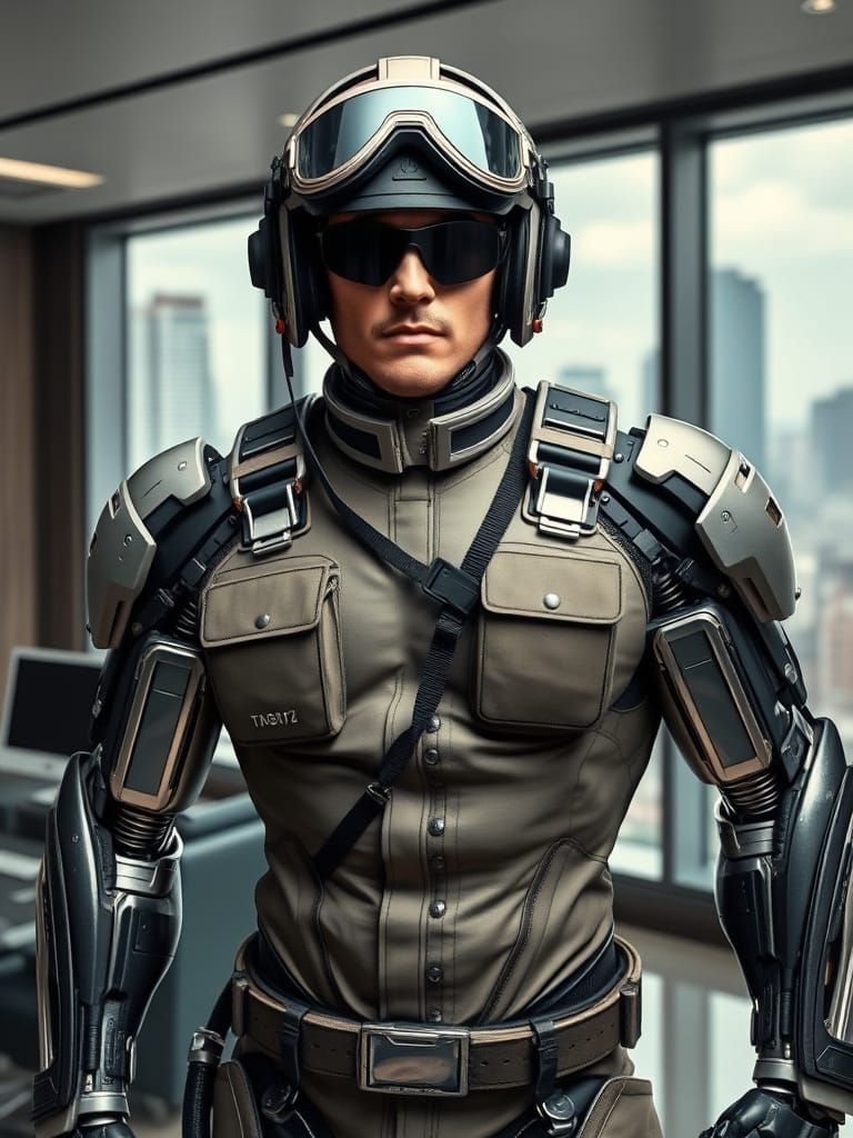 Tactical Cyborg Agent in Sleek Modern Office