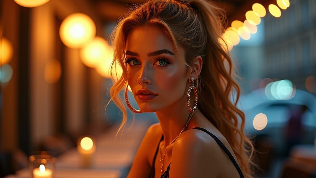 Glamorous Scottish Woman in Italian Cafe Twilight