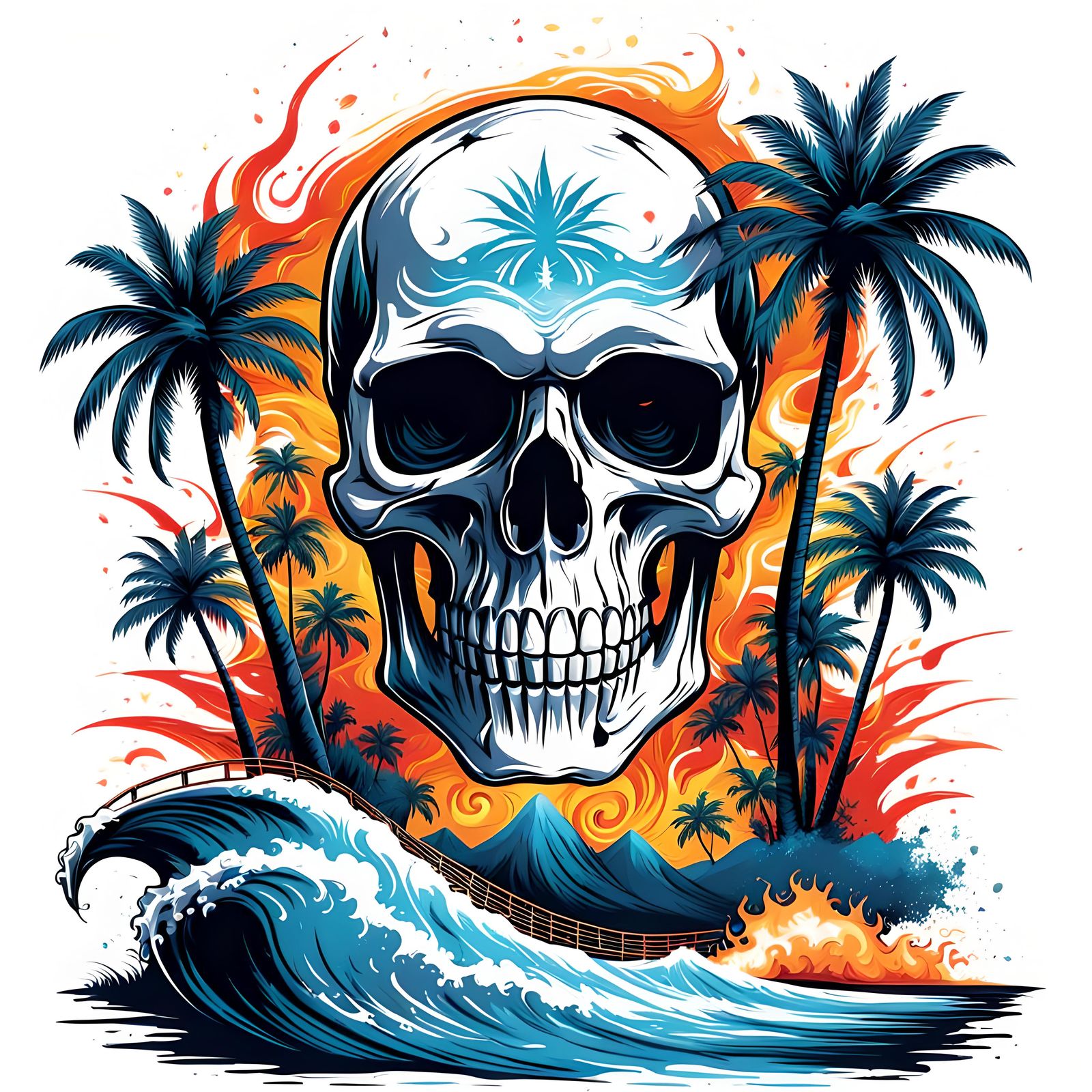 Surfer Skull T-Shirt Design with Flames and Palms