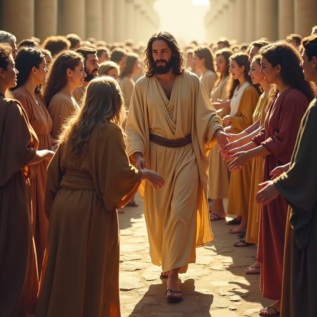 Woman Touches Jesus' Garment in Ancient City