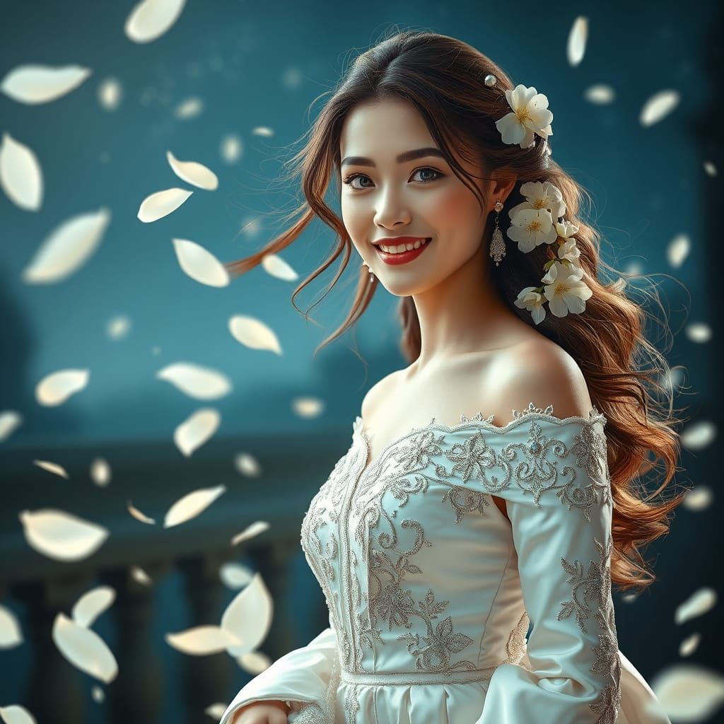 Mesmerizing Woman in Silk Dress with Silver Embroidery