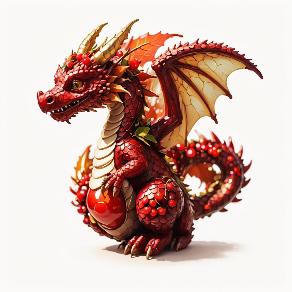 Cherry Dragon in Whimsical Forest: Oil Painting