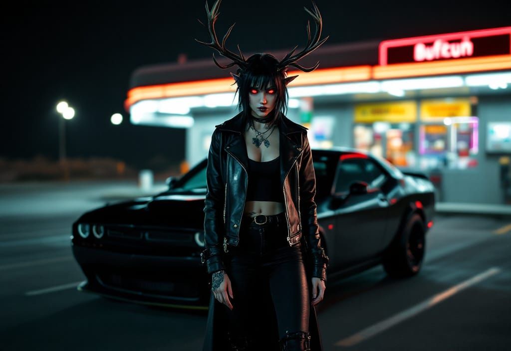 Antlered Woman with Muscle Car in Chiaroscuro Lighting