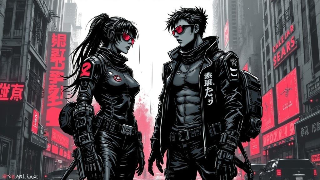 Cyberpunk Heroes Stand Tall in Rainy City