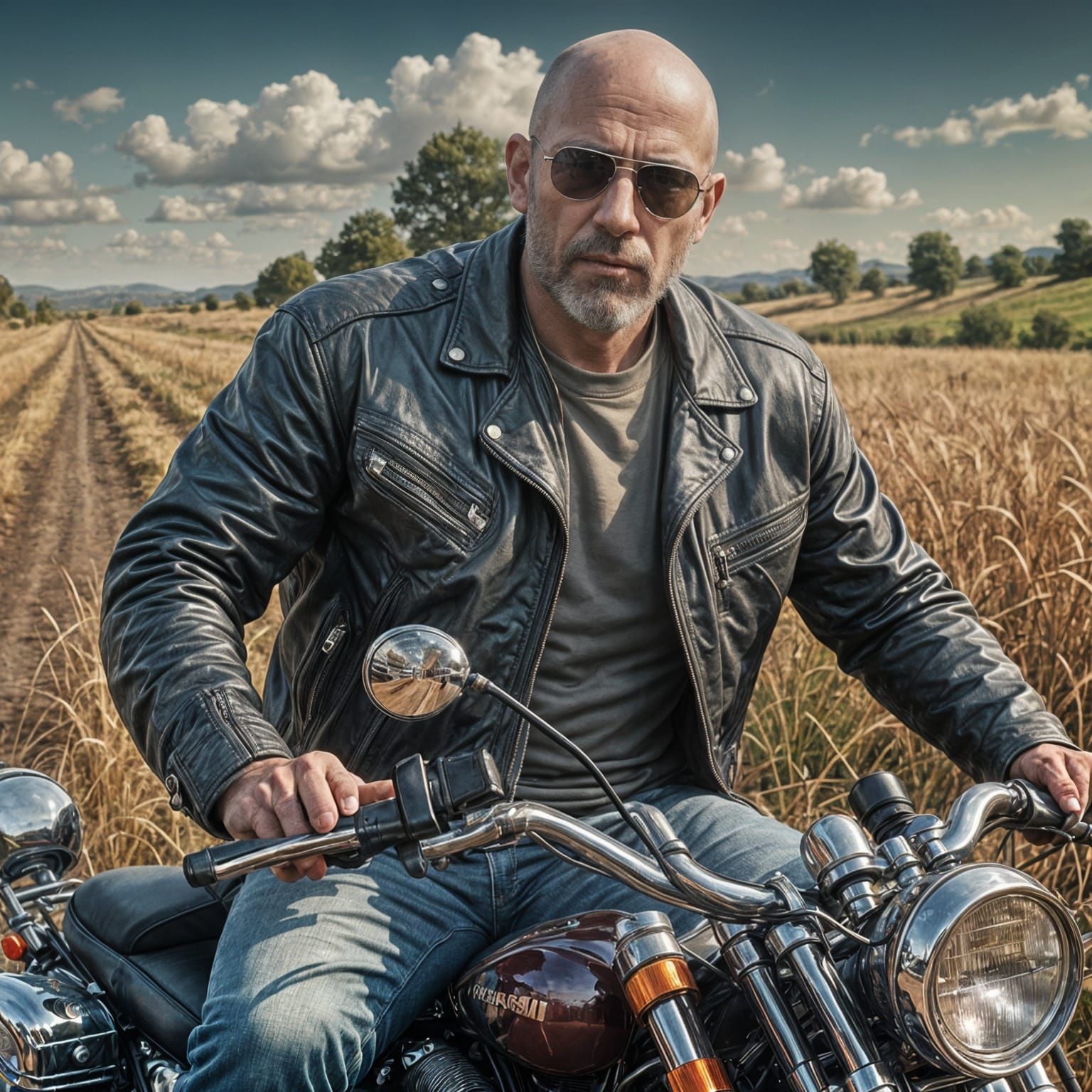 Hyperrealistic Portrait of a Serious Biker in Leather