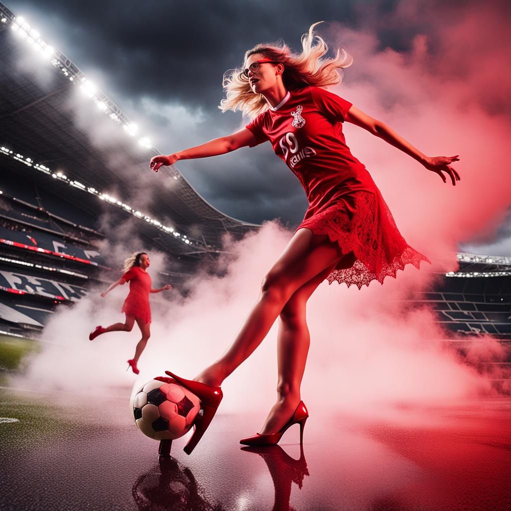 Sorceress Kicks Football in Photojournalistic Pastel Art