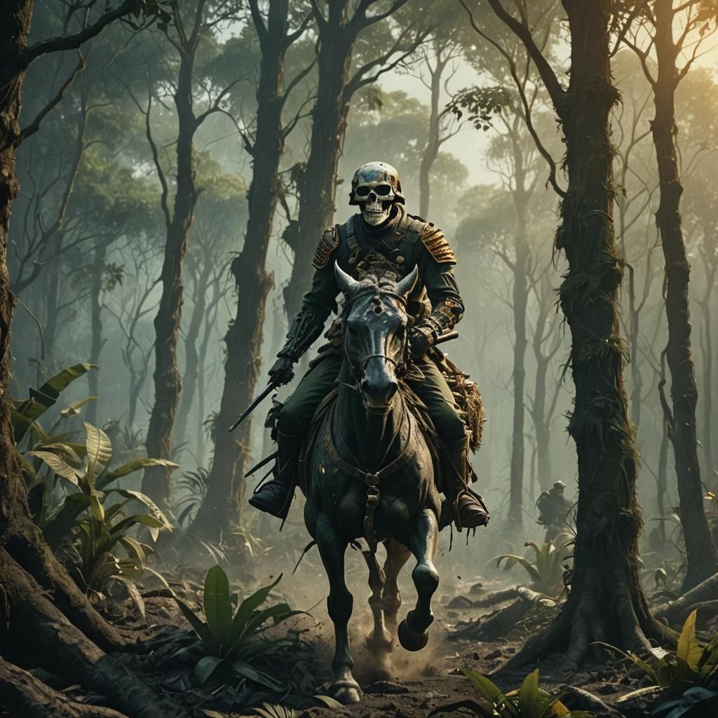 Skeleton Soldier Battles Tiger Men in Jungle, Dark Fantasy