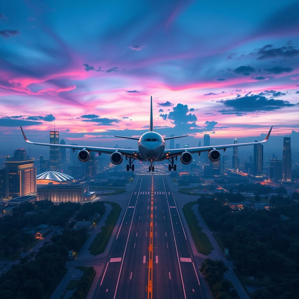 Sleek Airliner Descends on Metropolis in Fantasy Art