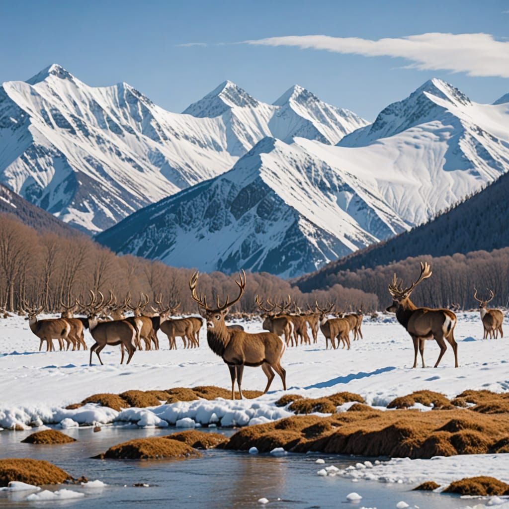 Deer Herd in Snowy Glade with Mountains