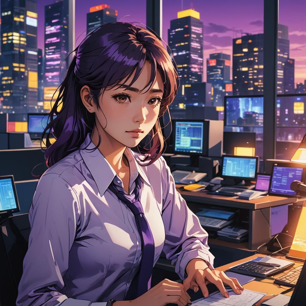 Tired Office Worker in Tokyo: Anime Concept Art