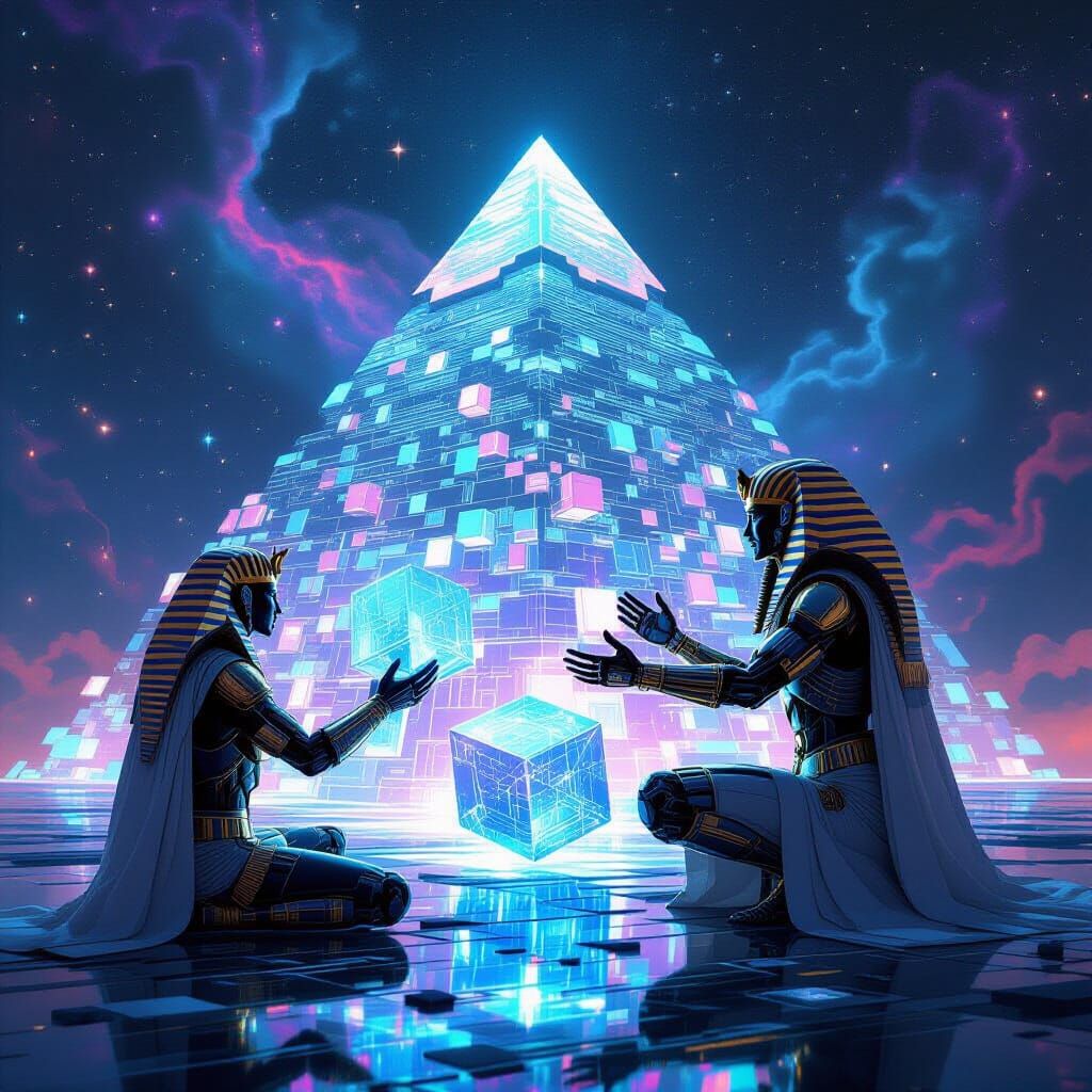 Cyberpunk Pharaoh Assembles Data Cube Pyramid in Nebula