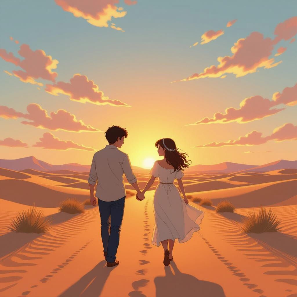 Couple Walking in Desert Sunset Anime Style