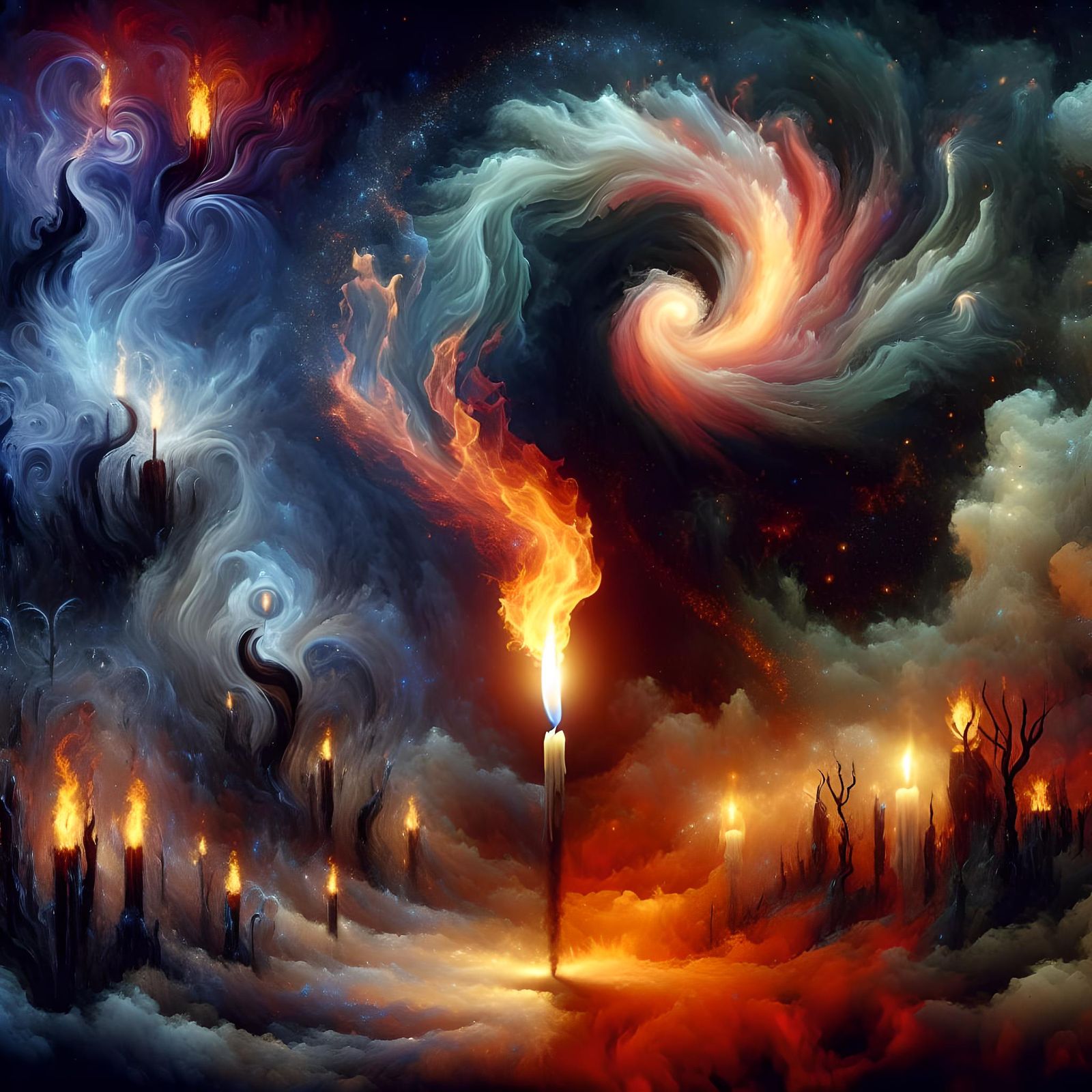 Contrasting Flames in Mystical Dark Landscape