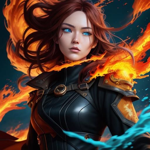 Anime Girl Surrounded by Fire Wave, Digital Art