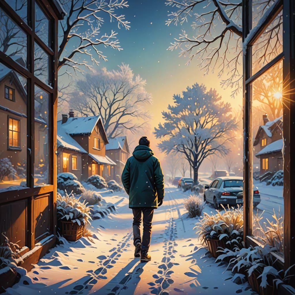 Person Walking in January: Digital Oil Painting