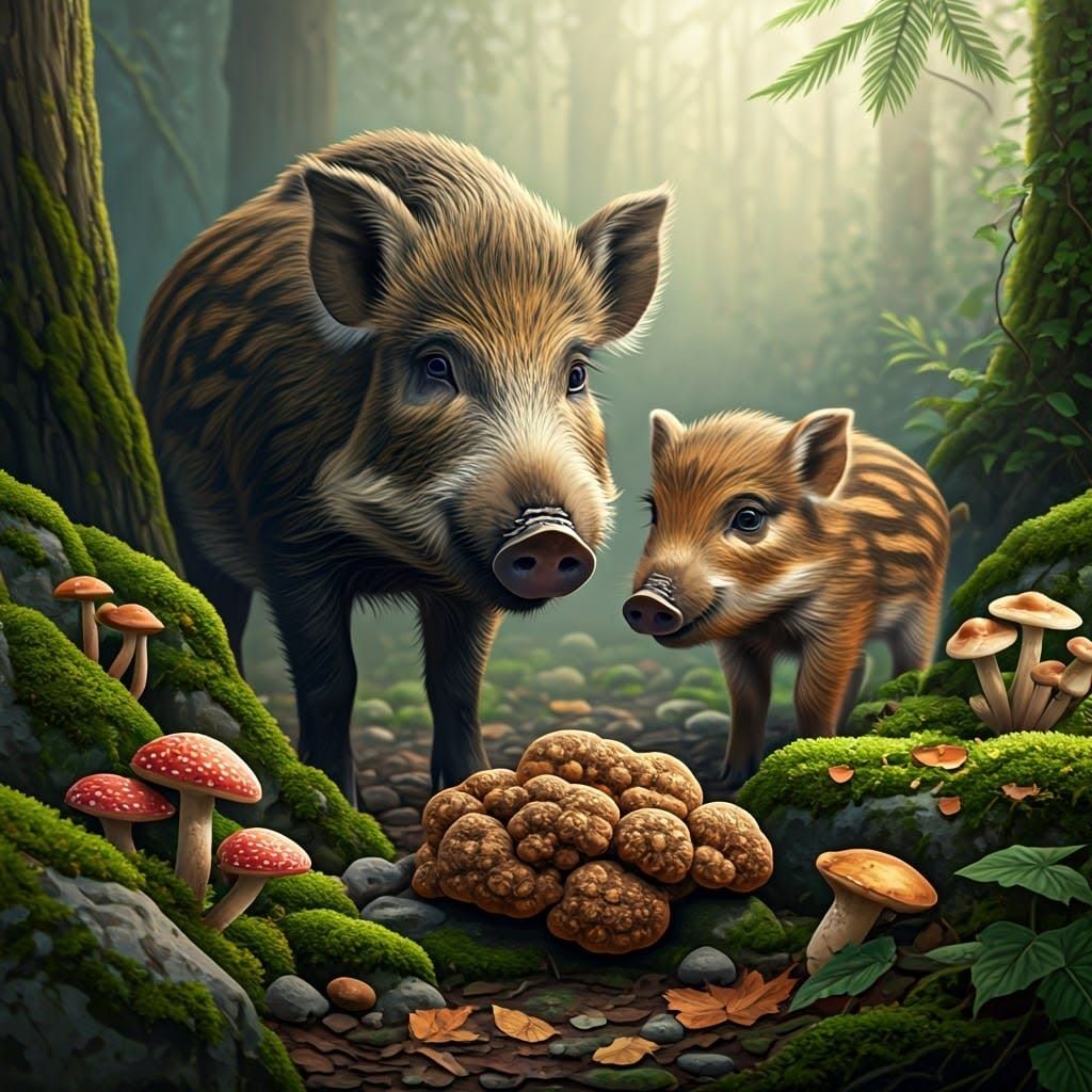Wild Boar Mother and Piglet Gaze Longingly at Truffle Mushro...