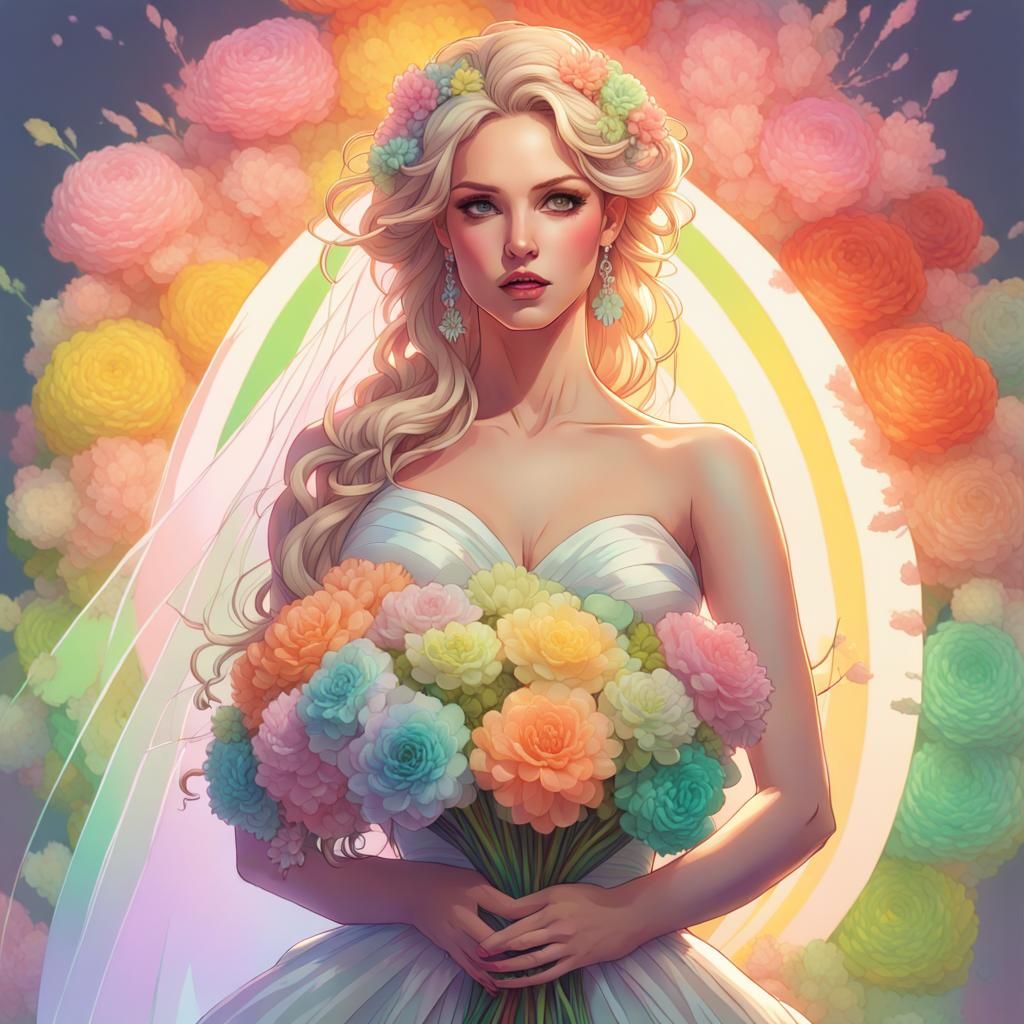 Bride in Rainbow Dress, Hyperdetailed Digital Portrait