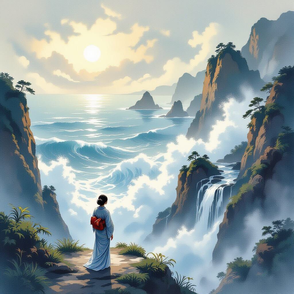 Woman on Cliff Overlooking Mystical Ocean in Japanese Art St...