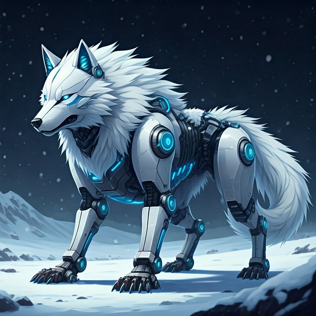 Cybernetic White Wolf Mech with Neon Glow