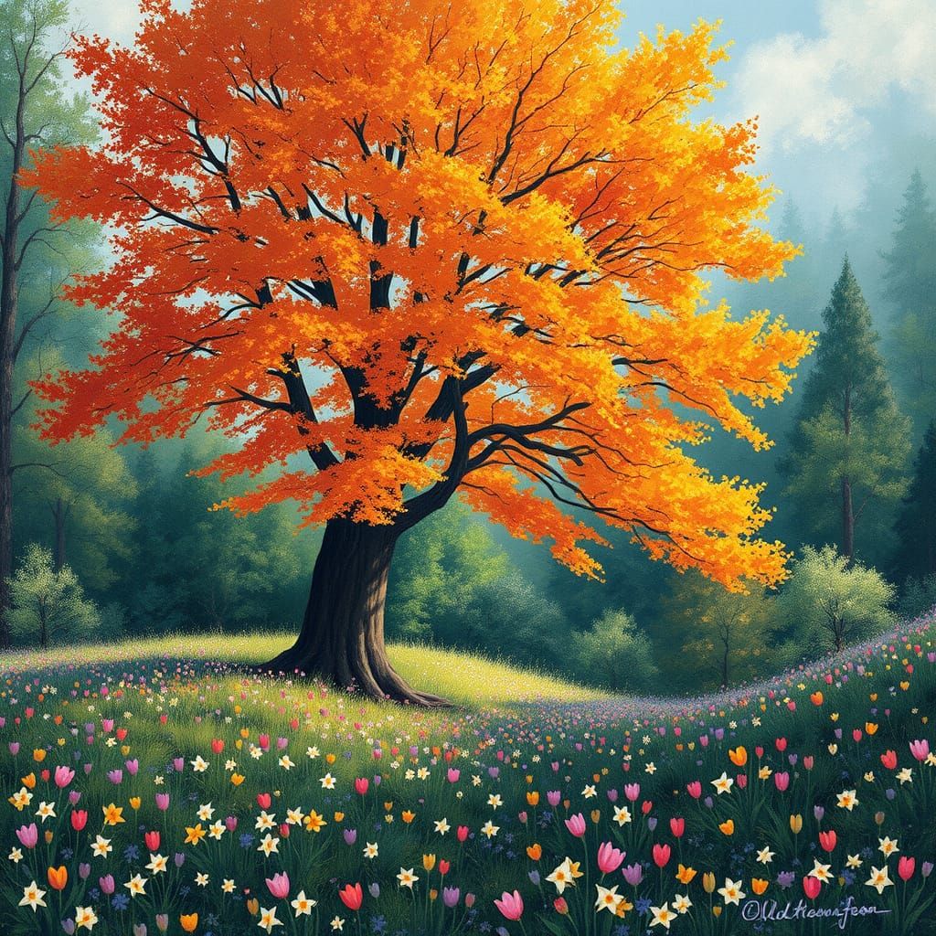 Autumn Tree in Vibrant Bloom, Inspired by Impressionist Mast...