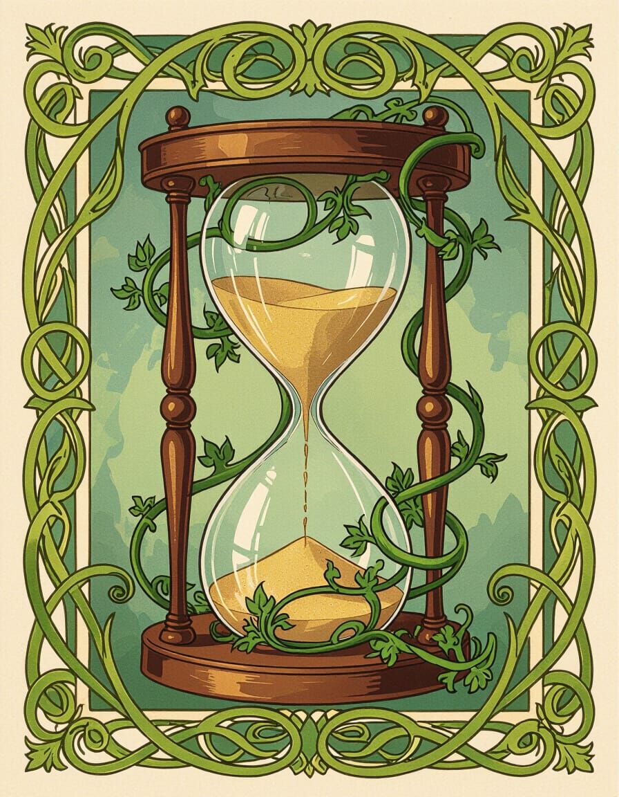 Art Nouveau Hourglass with Flowing Green Vines