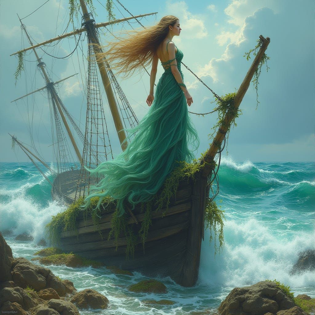 Majestic Siren Amidst Ancient Shipwreck