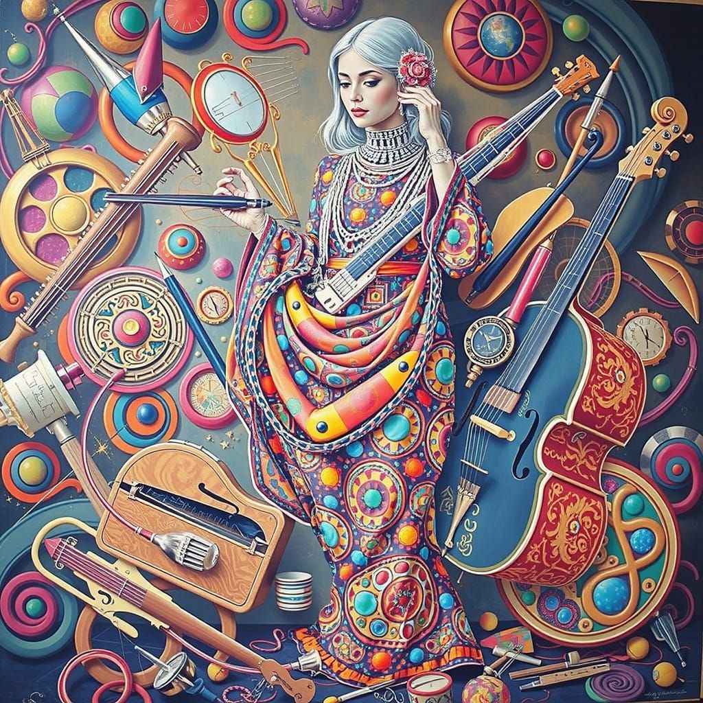 Mature Lady in Fantastic Scene with Musical Instruments