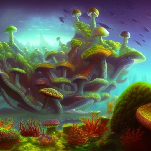 Underwater Mushroom City in Fantasy Concept Art