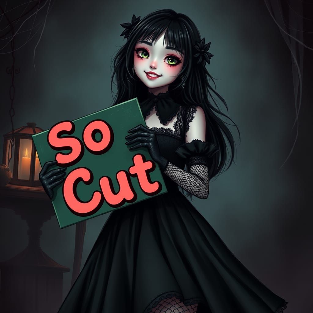 Gorgeous goth girl
Big smile
Holding a sign saying "So Cute"