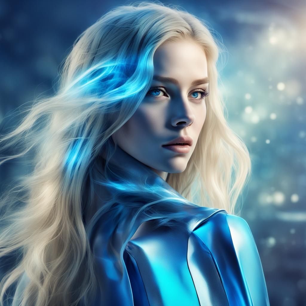 Futuristic Blonde in Abstract Blue Landscape