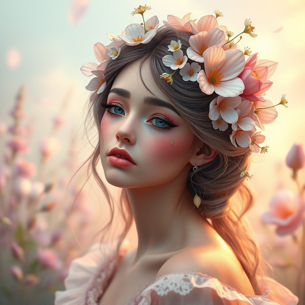 Ethereal Flower Girl Portrait in Art Nouveau Style