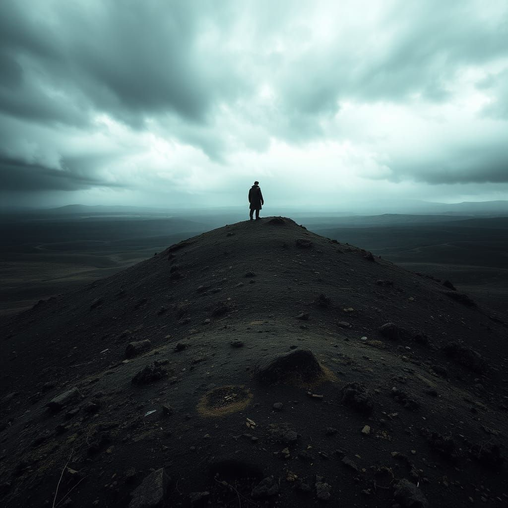 Desolate Figure on Windswept Hill in Haunting Landscape