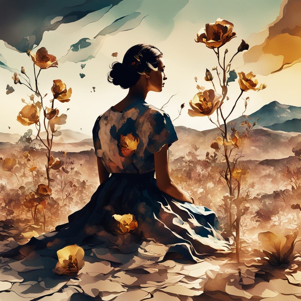 Surreal Woman in Desolate Landscape, Dreamlike Art