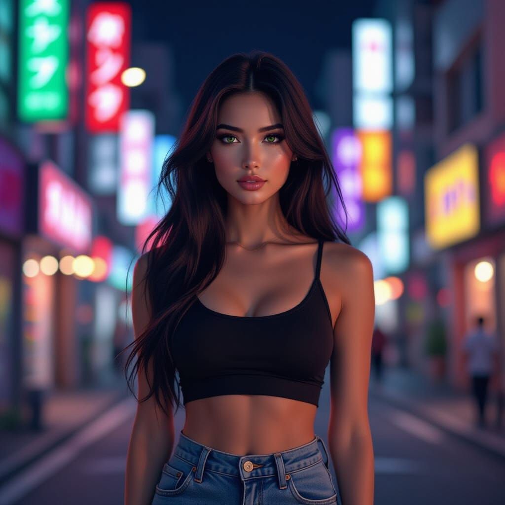 Confident Woman in Neon Tokyo: Photorealistic Digital Art
