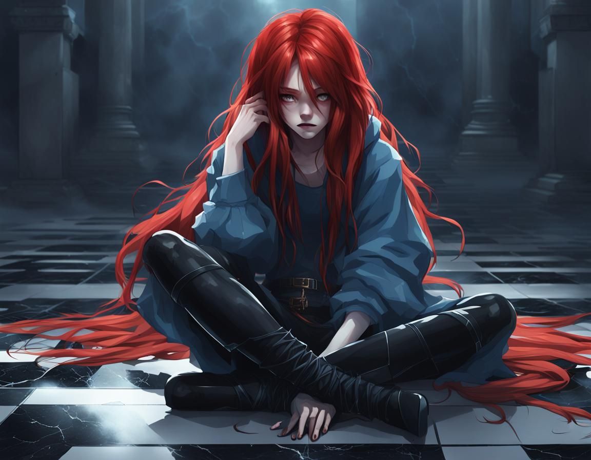 Sad Girl on Marble Floor in Anime Style