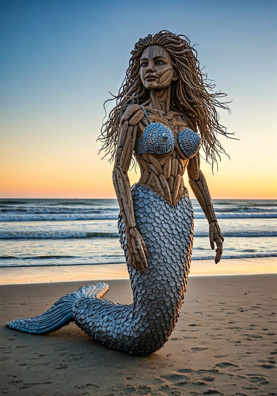Ephemeral Mermaid Sculpture Blends with Coastal Landscape