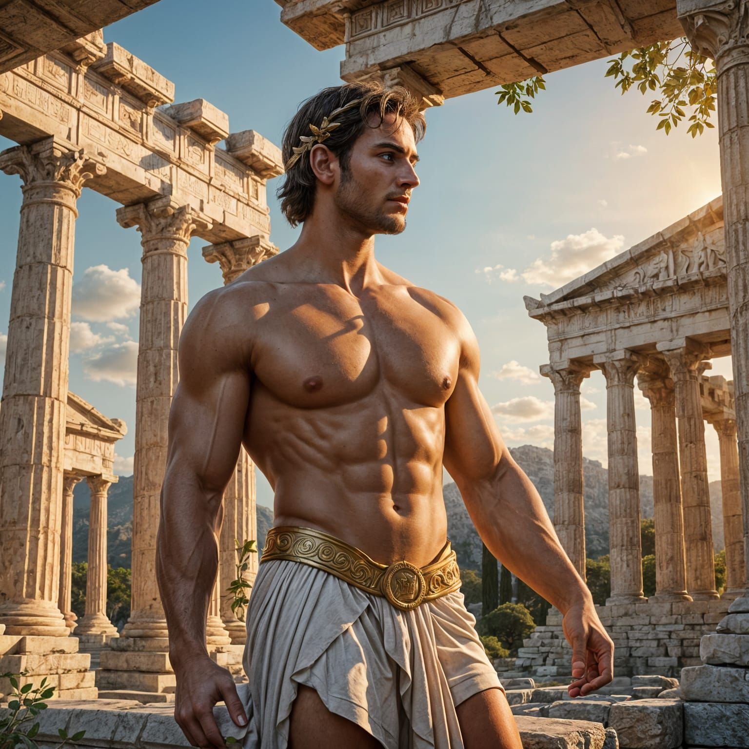 Young Hercules Hugs a Nymph in Ancient Greek Temple