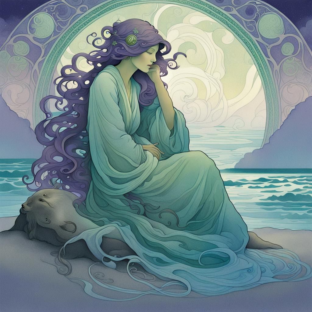 Selkie on Misty Beach in Art Nouveau Style