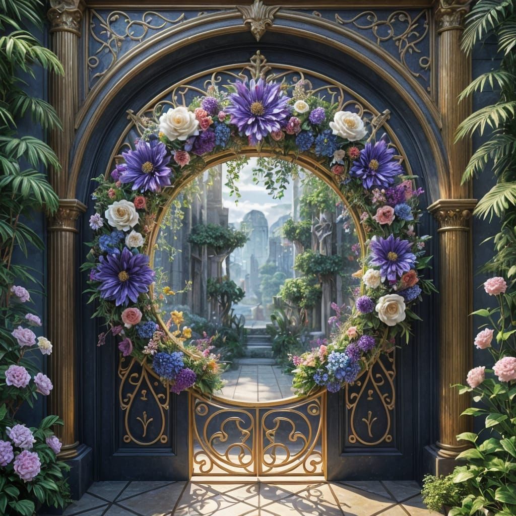 Enchanted Floral Wreath Adorns an Ethereal Gold Door in Cybe...