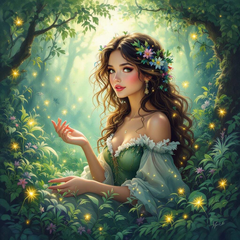 Whimsical Woman in Enchanted Forest Illustration